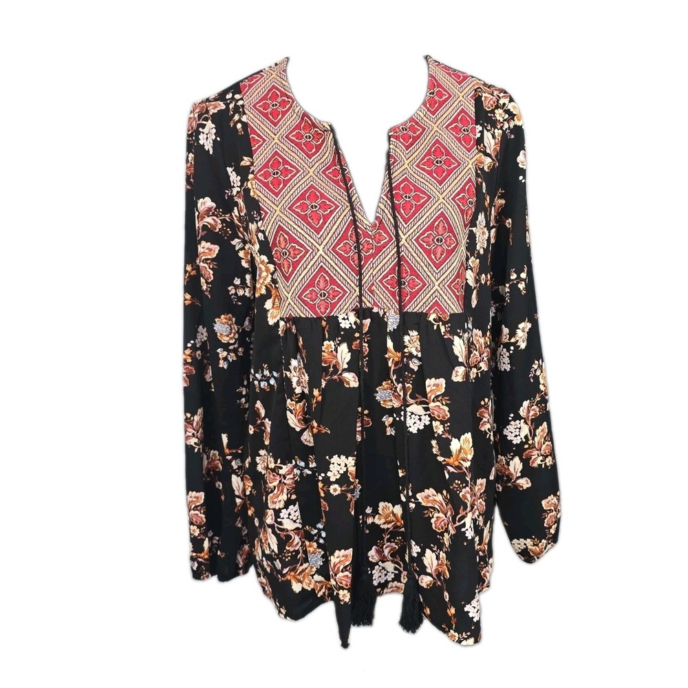 Molly Bracken Womens Peasant Floral Long Sleeve Blouse Medium Black Red Boho